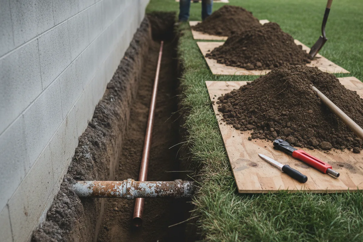 Excavated water line trench during Sewer Line Repair in Olustee